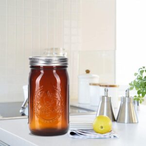 eleganttime Amber Glass Mason Jars 32 oz Wide Mouth 6 Pack,Amber Quart Canning Jars with Airtight Lids and Bands for for Canning, Freezing, Fermenting,Preserving, Beverages & Jar Decor