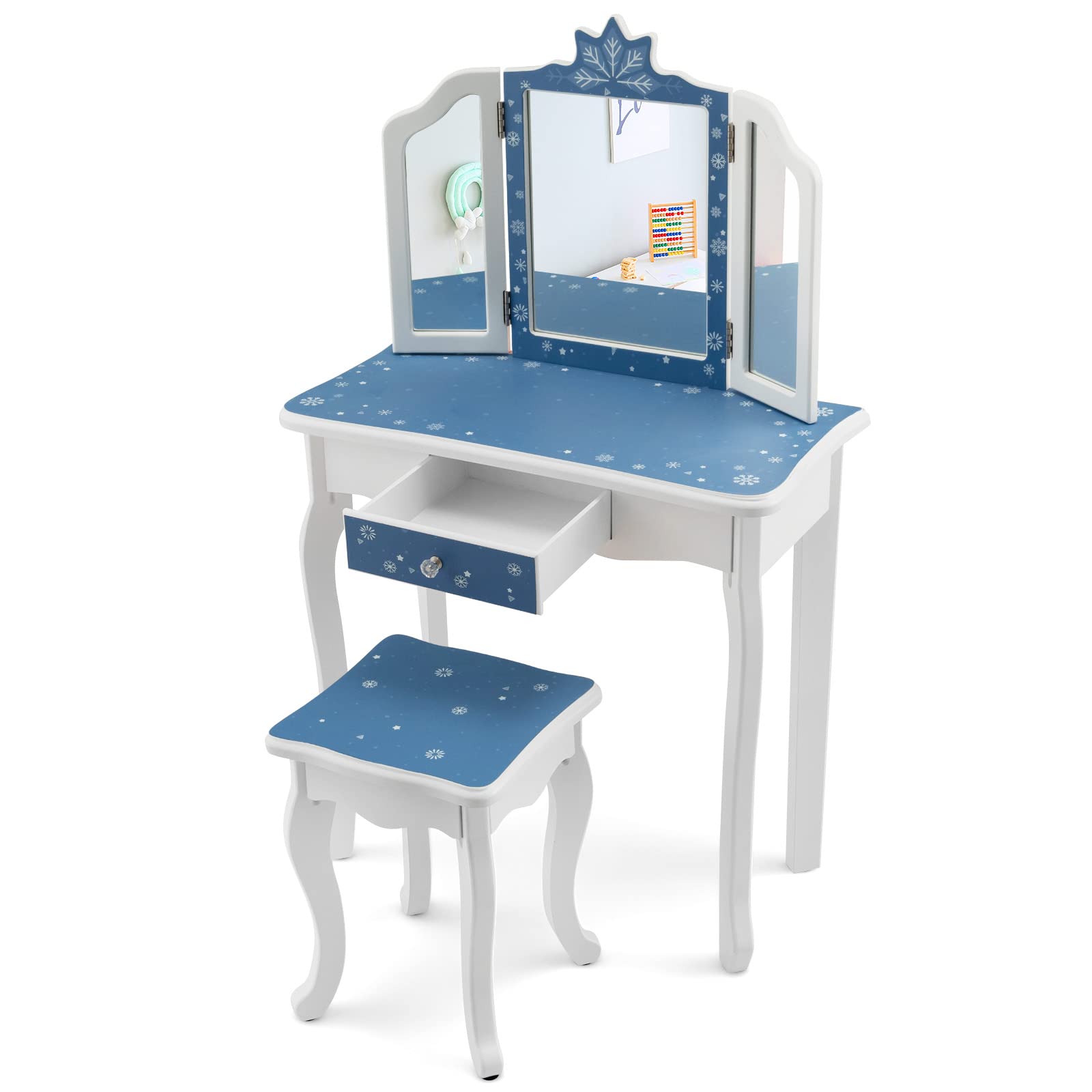 GLACER Kids Vanity, 2-in 1 Makeup Dressing Table w/Detachable Top, Tri-Folding Mirror, Drawer, Stool, Kids Vanity Table and Chair Set, Toddler Vanity, Pink Leopard Print (Blue Snowflake Print)