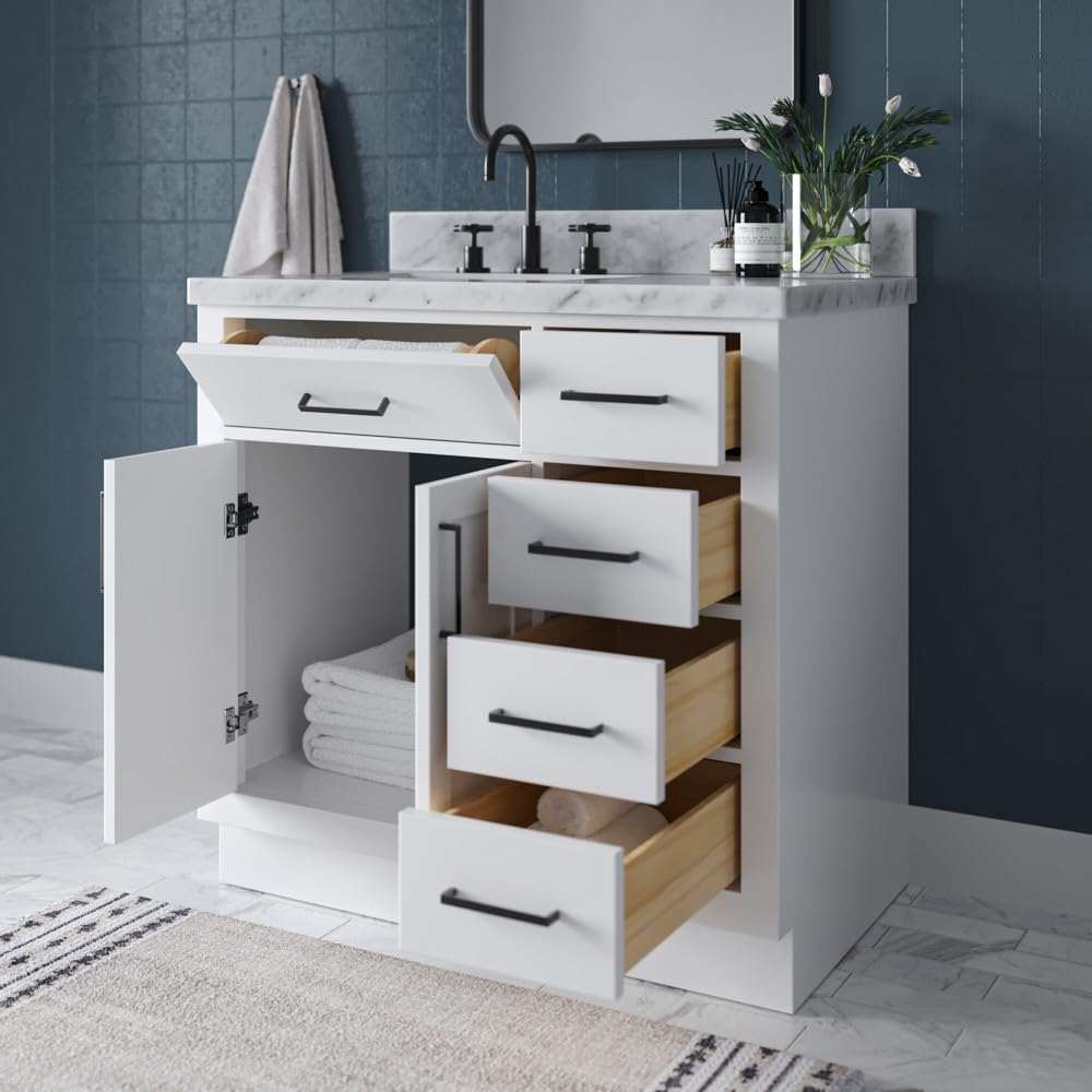 ARIEL Bathroom Vanity 37" White 1.5" Edge Italian Carrara Marble Countertop & Splash, Left Rectangular Sink, 2 Soft Closing Doors, 5 Full Extension Dovetail Drawers, Toe Kick, Matte Black