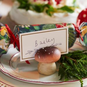 talking tables wooden mushrooms placecard holders and name cards-4 pack | ceramic autumn fall décor, christmas table settings, woodland forest fairy party decorations, winter wedding, multicolor