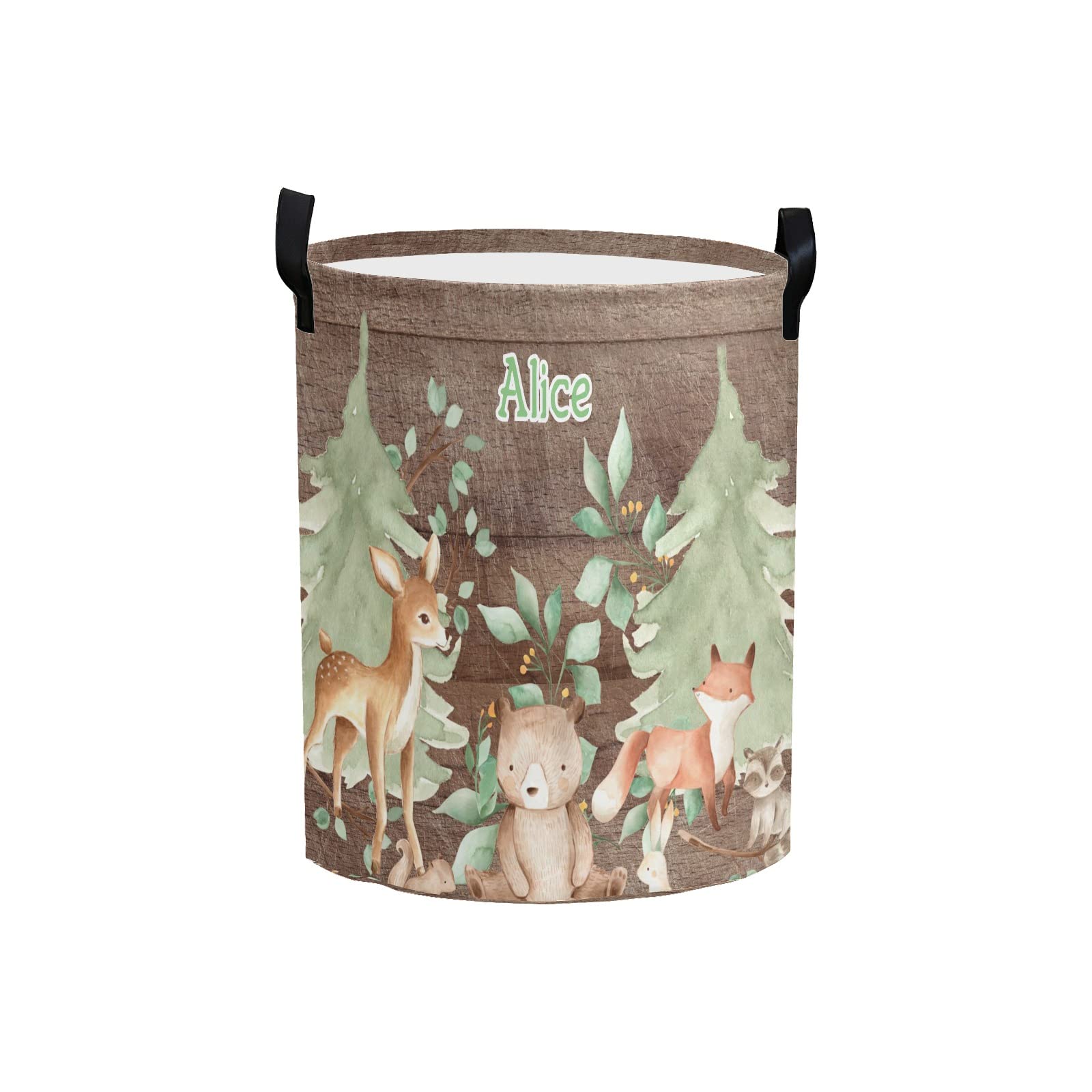 zaaprintblanket Laundry Basket Customized Name Organizer Storage Round Baskets Foldable Laundry Hamper with Handle for Nursery Bedroom Decor (Woodland Tree Animals)