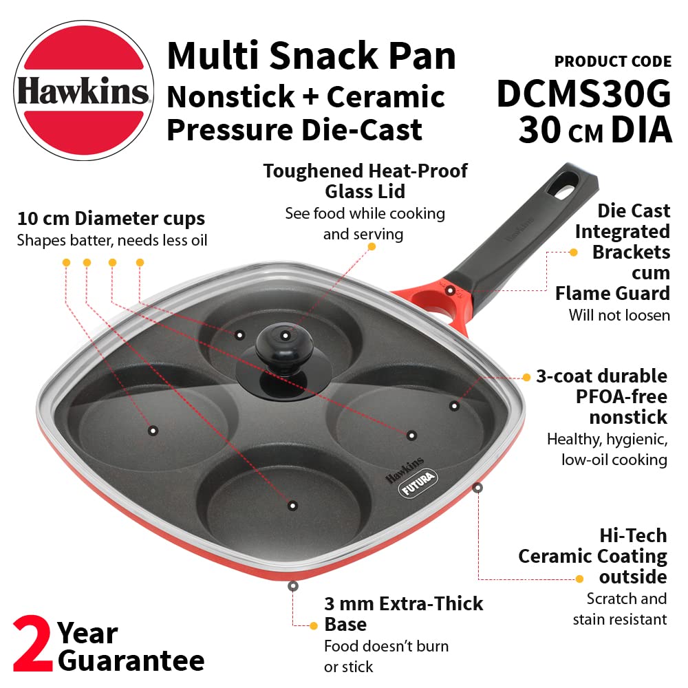 Hawkins 30 cm Die-Cast Multi Snack Pan with Glass Lid, Nonstick Mini Uttapam Tawa, Pancake Pan, Red (DCMS30G)