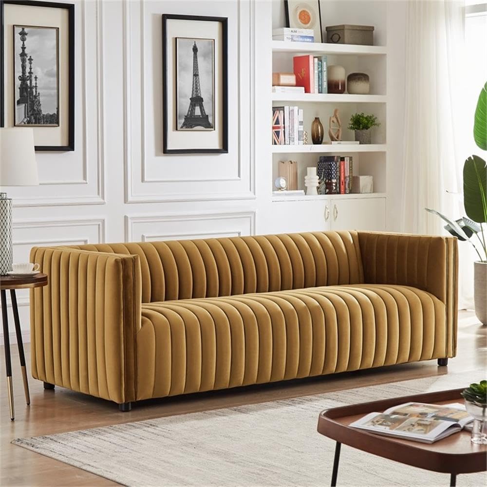 Ashcroft Furniture Co Sier Mid Century Modern Luxury Velvet Sofa Couch in Cognac