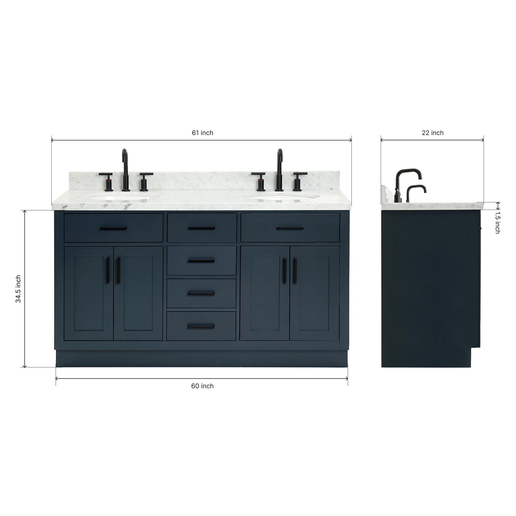 ARIEL Double Vanity 61" Midnight Blue with 1.5" Edge Italian Carrara Marble Countertop & Splash, Oval Sinks, 4 Soft Closing Doors, 6 Full Extension Dovetail Drawers, Toe Kick, Matte Black