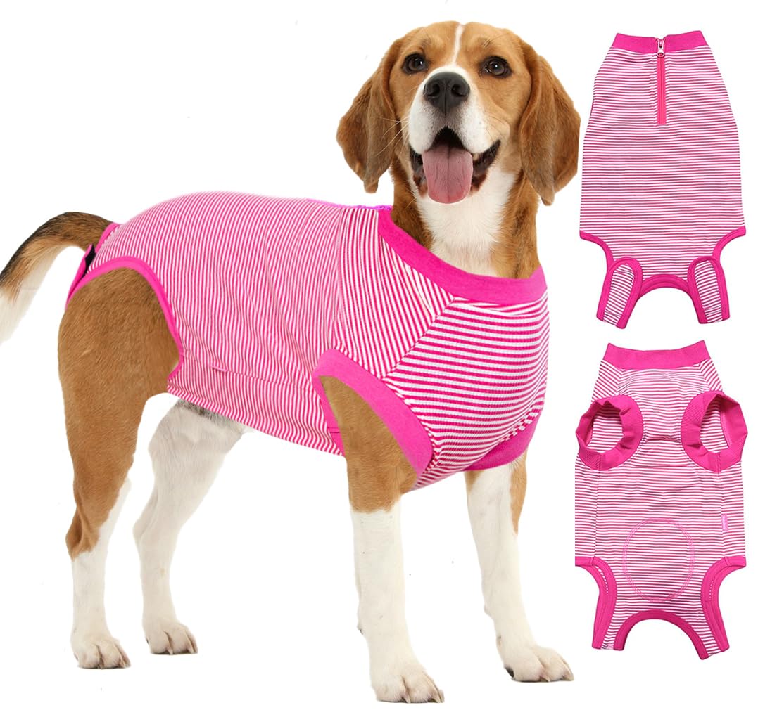 Wabdhally Dog Surgery Recovery Suit,Surgical Suit for Medium Female Spay,Soft Combed Cotton,Rose Striped Zipper Onesie M