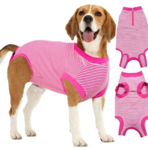 Wabdhally Dog Surgery Recovery Suit,Surgical Suit for Large Female Spay,Soft Combed Cotton,Rose Striped Zipper Onesie XL