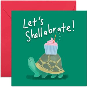 old english co. let's shellabrate tortoise birthday card - funny animal pun celebration greeting card him or her | passed exam, test, new job, new house | blank inside & envelope included