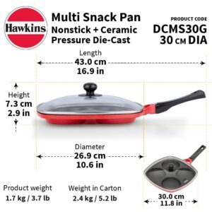 Hawkins 30 cm Die-Cast Multi Snack Pan with Glass Lid, Nonstick Mini Uttapam Tawa, Pancake Pan, Red (DCMS30G)