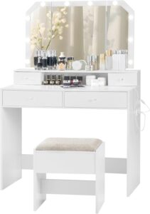 quimoo vanity desk set with led tri-fold lighted mirror & power outlet, makeup vanity table with 4 drawers, cushioned stool, for bedroom, bathroom, white