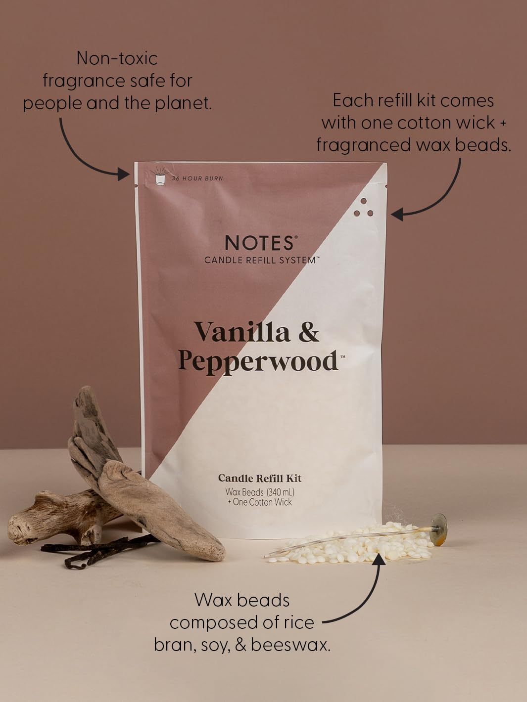 NOTES Sustainable Candle Refill | Non-Toxic Fragrance, Natural Wax Beads (Beeswax, Rice bran and Soy), Cotton Wick and Sustainer - (1) Vanilla & Pepperwood