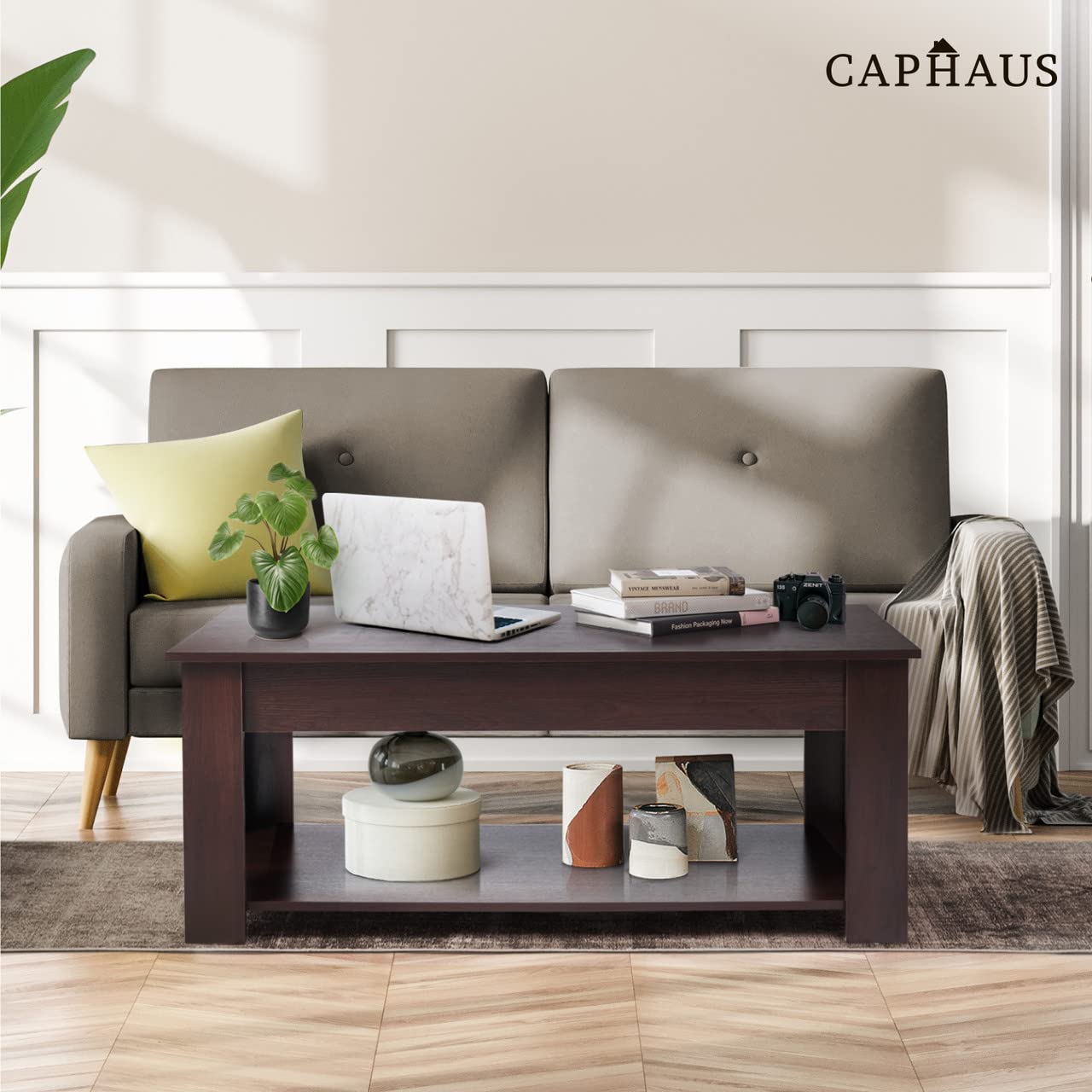 CAPHAUS Lift Top Coffee Table w/Storage, Storage Coffee Table w/Lift Top for Living Room, Rising Tabletop Coffee Table w/Hidden Compartment, Coffee Table w/Bottom Open Shelf, 41" Natural Oak