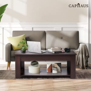 CAPHAUS Lift Top Coffee Table w/Storage, Storage Coffee Table w/Lift Top for Living Room, Rising Tabletop Coffee Table w/Hidden Compartment, Coffee Table w/Bottom Open Shelf, 41" Espresso