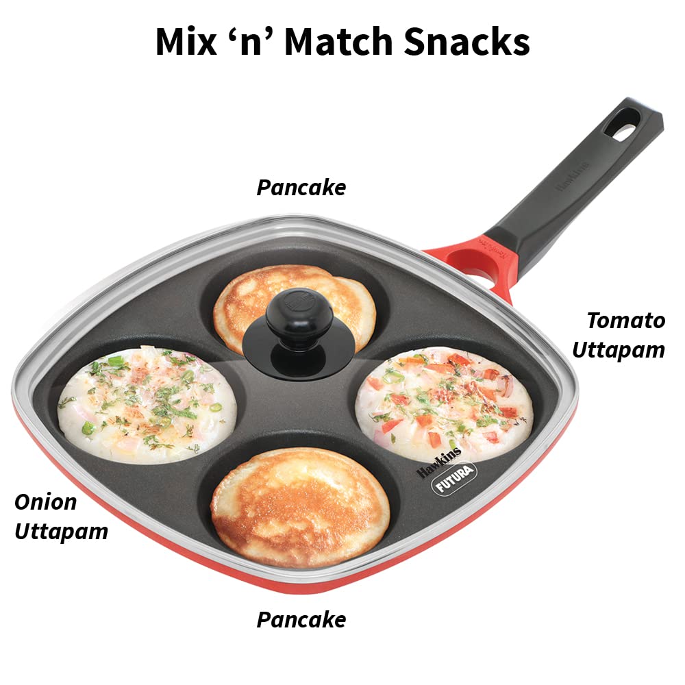 Hawkins 30 cm Die-Cast Multi Snack Pan with Glass Lid, Nonstick Mini Uttapam Tawa, Pancake Pan, Red (DCMS30G)