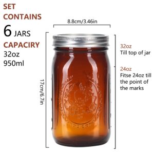 eleganttime Amber Glass Mason Jars 32 oz Wide Mouth 6 Pack,Amber Quart Canning Jars with Airtight Lids and Bands for for Canning, Freezing, Fermenting,Preserving, Beverages & Jar Decor