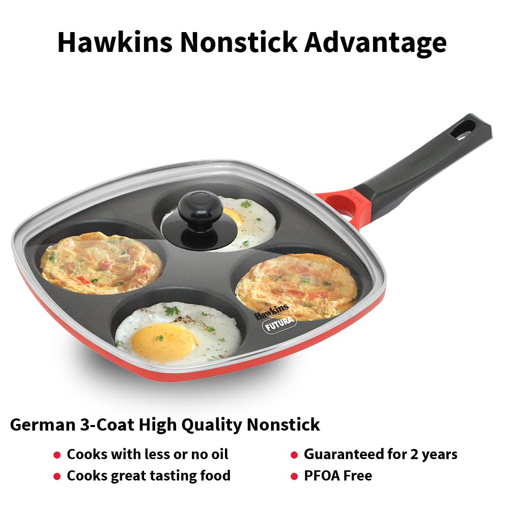 Hawkins 30 cm Die-Cast Multi Snack Pan with Glass Lid, Nonstick Mini Uttapam Tawa, Pancake Pan, Red (DCMS30G)