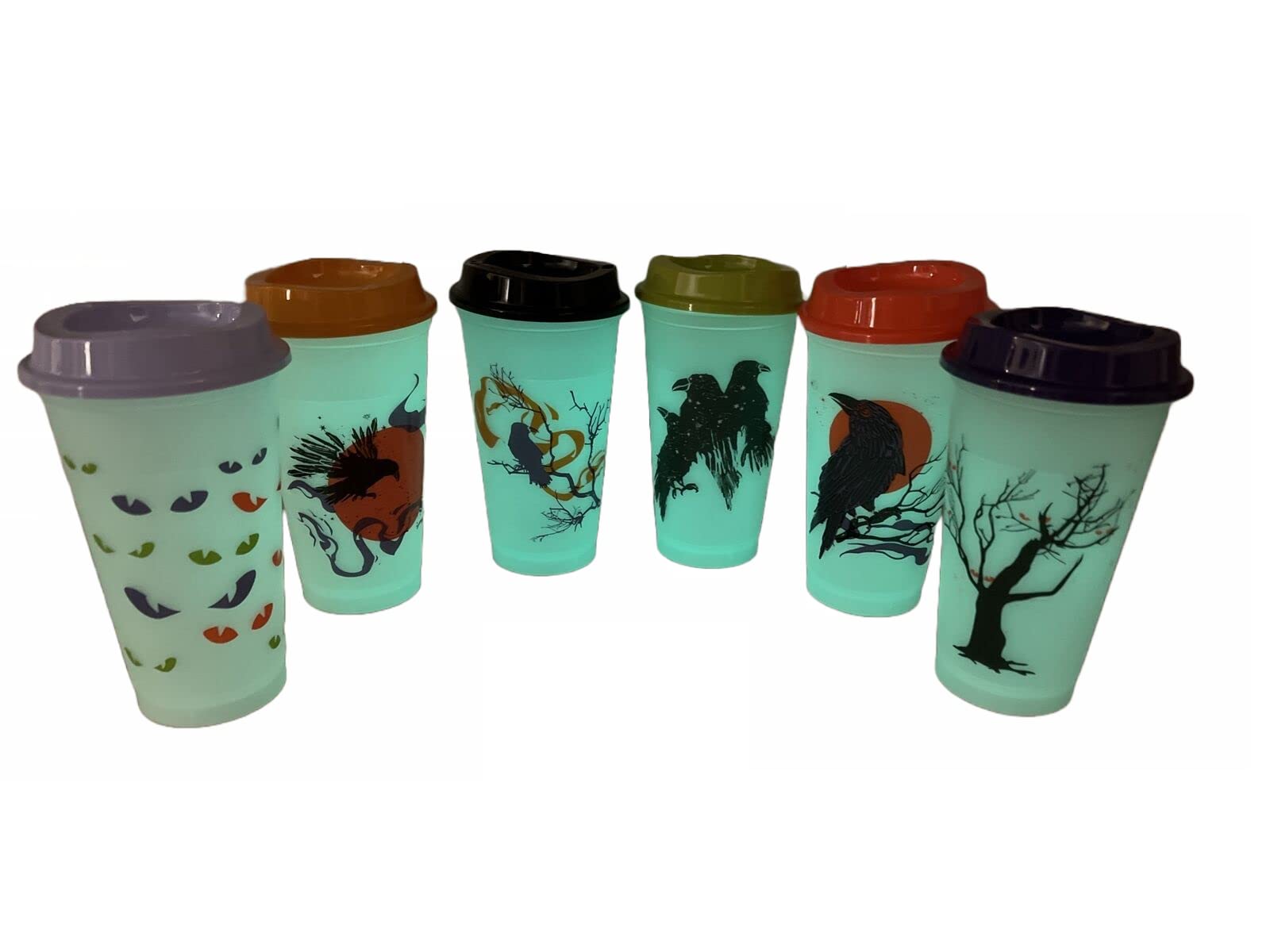 Starbucks Fall 2022 Reusable Plastic Hot Cups with Lids Glow in the Dark Halloween 6 cups 16 oz each