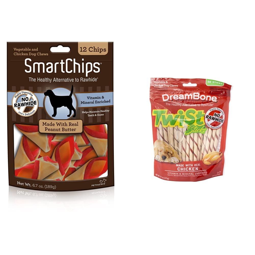 SmartBones SmartChips for Dogs (Pack of 1) and DreamBone Twist Sticks, Made with Real Chicken, Rawhide-Free Chews for Dogs, 50 Count