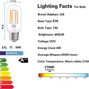 liveMAX LED Tubular Bulb 4W,E26 Clear Edison Bulb,40W Equivalent 400 Lumens, Antique Edison Style LED Filament Light Bulbs,2700K Warm White Non Dimmable Pack of 6