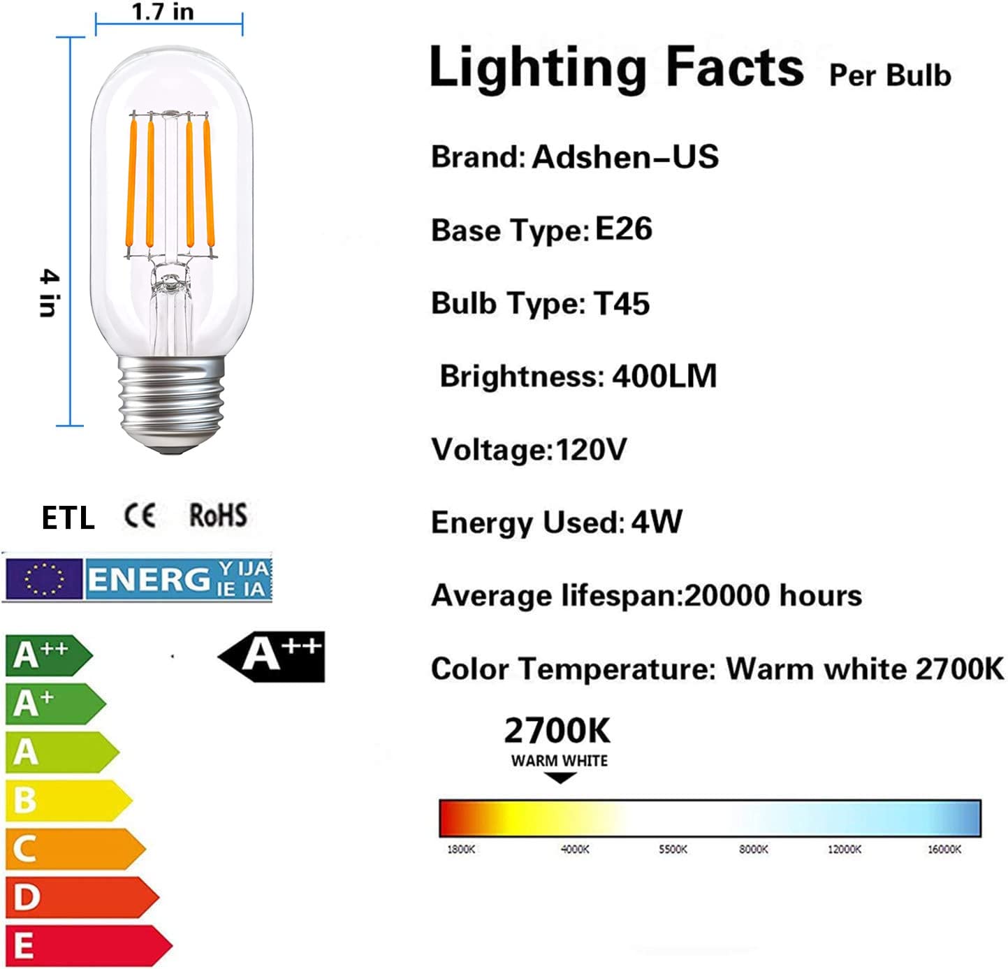 liveMAX LED Tubular Bulb 4W,E26 Clear Edison Bulb,40W Equivalent 400 Lumens, Antique Edison Style LED Filament Light Bulbs,2700K Warm White Non Dimmable Pack of 6