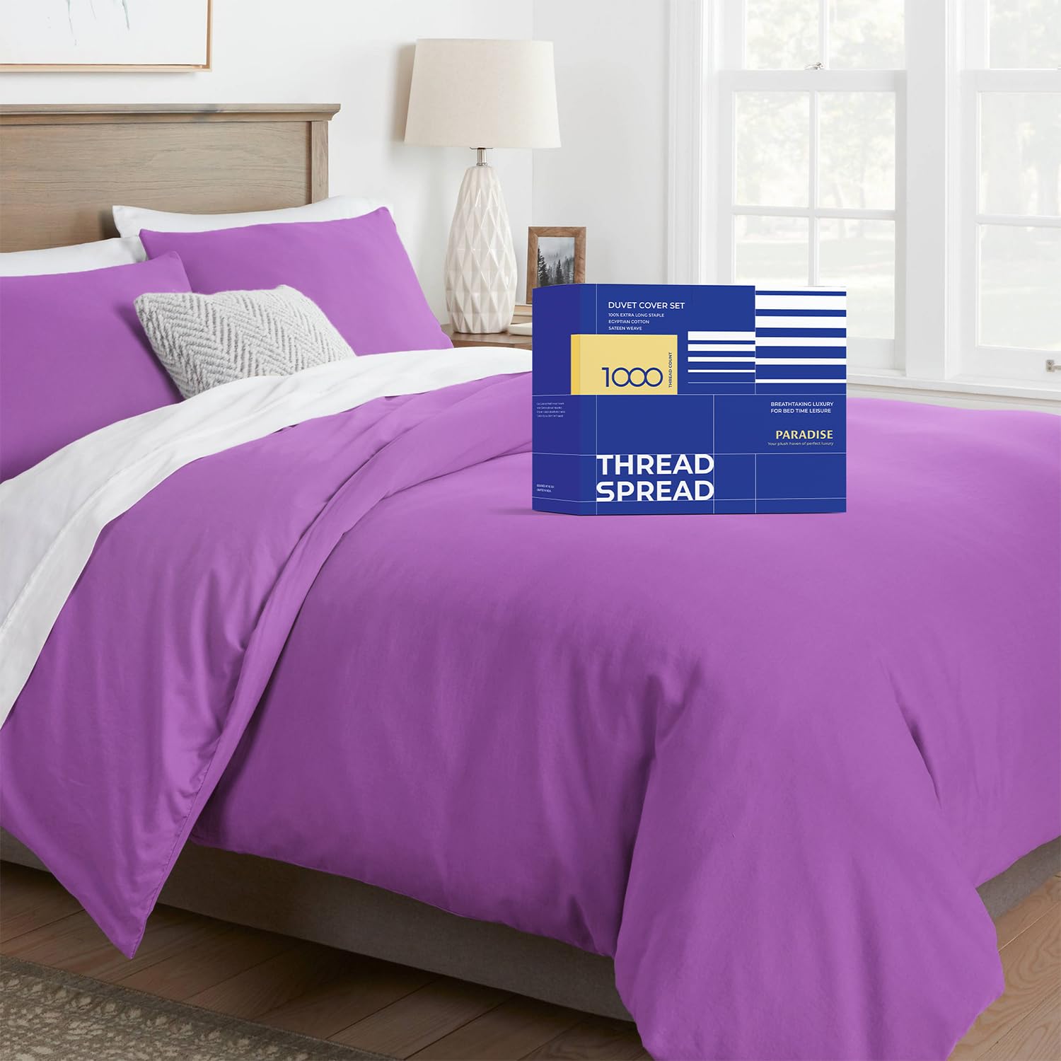 Queen/Full Duvet Cover, 1000 Thread Count Sateen 3 Piece Egyptian Cotton Quality Duvet Cover Set, 100% Pure Cotton Comforter Cover, 2 Pillow Shams, Zipper Closure, 7 Corner Ties - (Lilac)