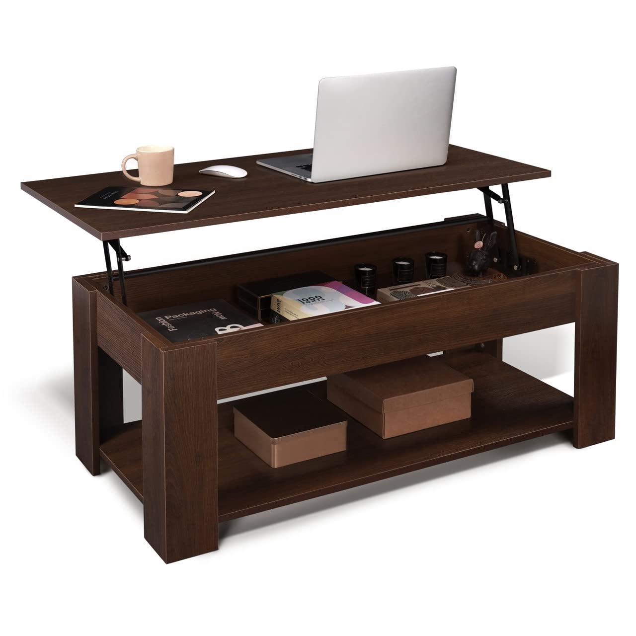 CAPHAUS Lift Top Coffee Table w/Storage, Storage Coffee Table w/Lift Top for Living Room, Rising Tabletop Coffee Table w/Hidden Compartment, Coffee Table w/Bottom Open Shelf, 41" Espresso