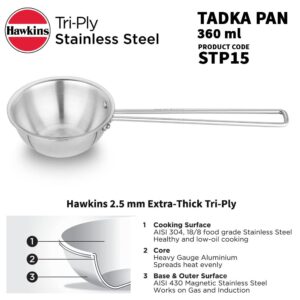 HAWKINS 1.5 Cup Tadka Pan, 360 ml Triply Stainless Steel Pan, Induction Pan, Silver (STP15)