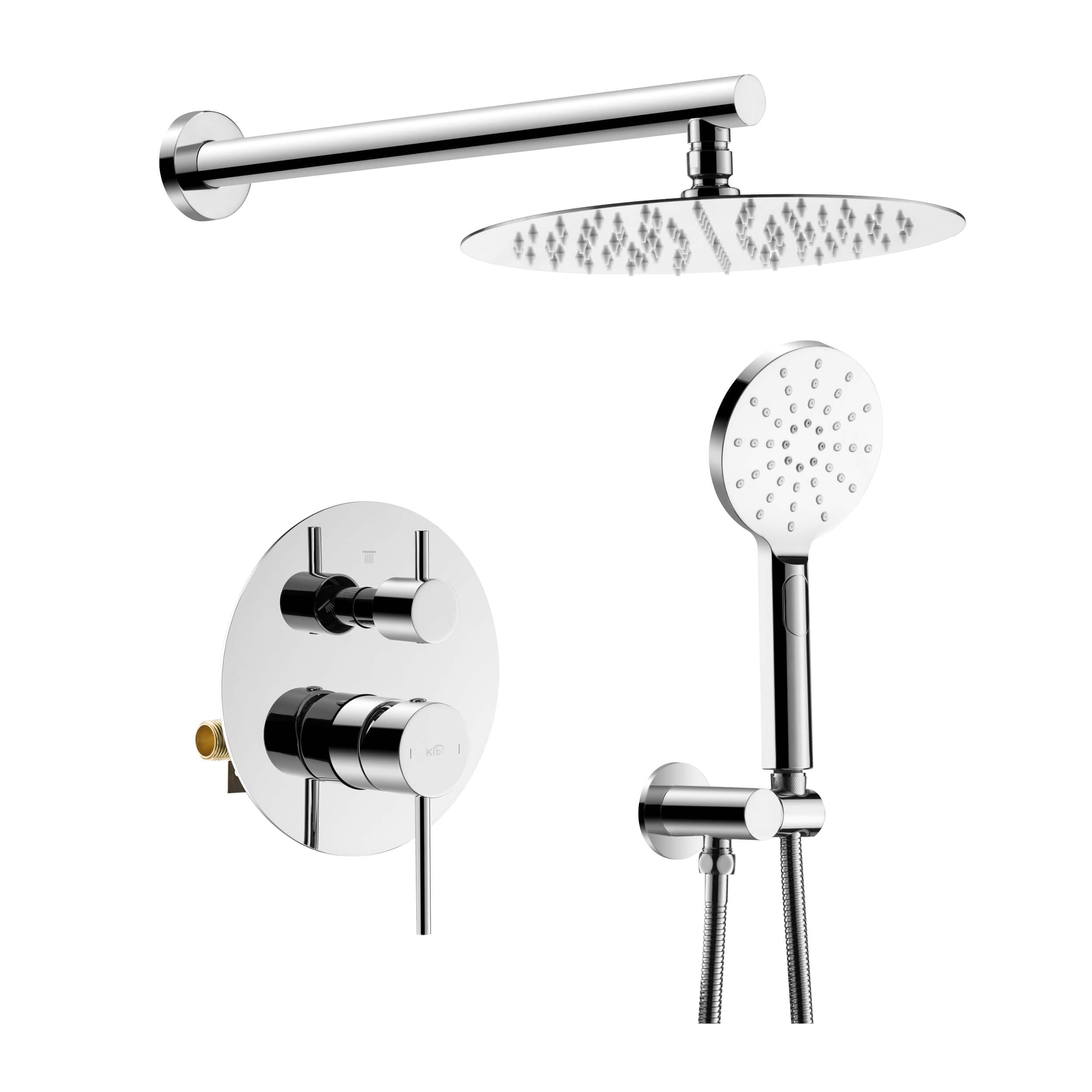 KIBI 2-Function Wall Mounted Circular Bathroom Shower System | Solid Brass Pressure Balanced Shower Faucet Set with High Flow Showerhead and Handheld Spray for Bathroom (Chrome, KSF403)