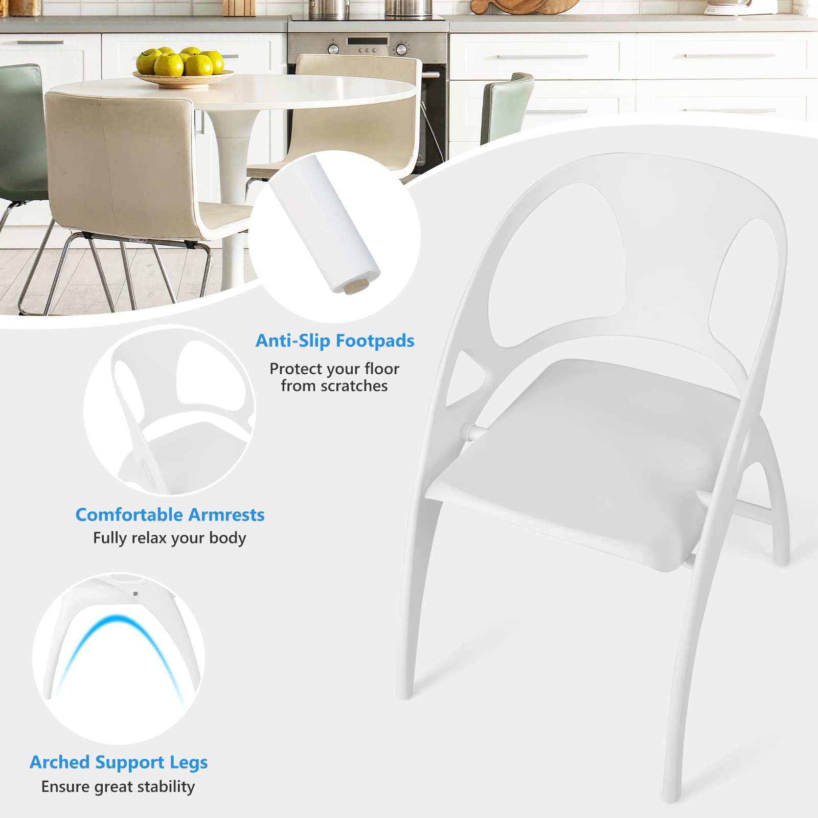 Giantex Folding Dining Chairs Set of 2, Outdoor Plastic Dining Chairs with Armrest and High Backrest, 330 LBS Modern Dining Chairs for Dining Room Kitchen, White