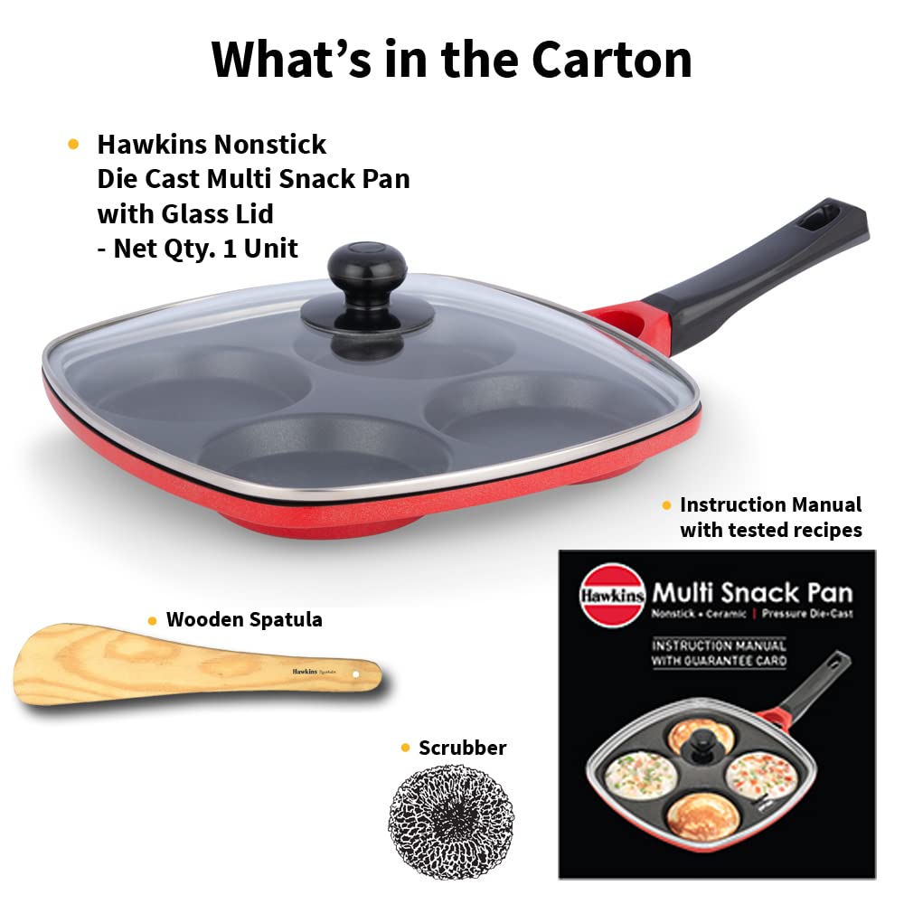 Hawkins 30 cm Die-Cast Multi Snack Pan with Glass Lid, Nonstick Mini Uttapam Tawa, Pancake Pan, Red (DCMS30G)