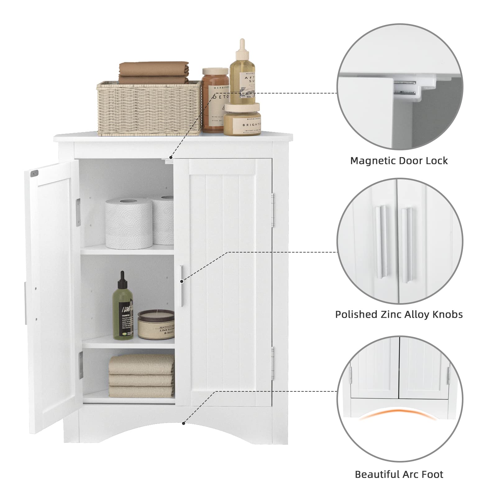 QSSLLC Bathroom Corner Cabinet, Home Floor Storage Cabinet with Two Doors & Adjustable Shelves, Freestanding for Bathroom, Bedroom, Kitchen