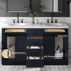 ARIEL Double Vanity 61" Midnight Blue with 1.5" Edge Italian Carrara Marble Countertop & Splash, Oval Sinks, 4 Soft Closing Doors, 6 Full Extension Dovetail Drawers, Toe Kick, Matte Black