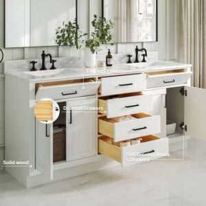 ARIEL Double Bathroom Vanity 73" White, Italian Carrara Marble Countertop & Splash, Rectangular Sinks, 4 Soft Closing Doors, 6 Full Extension Dovetail Drawers, Toe Kick, Matte Black