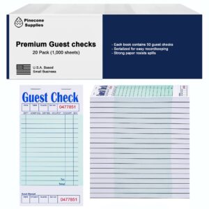 Guest Check Books For Servers 20 Books (1,000 Sheets) - Thick, Bleed Resistant Paper | 1 Part Green Paper Waitress Notepad with Guest Receipt | Server Books For Waitress