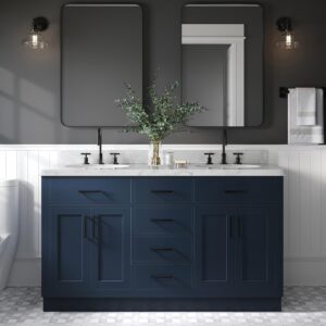 ariel double vanity 61" midnight blue with 1.5" edge italian carrara marble countertop & splash, oval sinks, 4 soft closing doors, 6 full extension dovetail drawers, toe kick, matte black