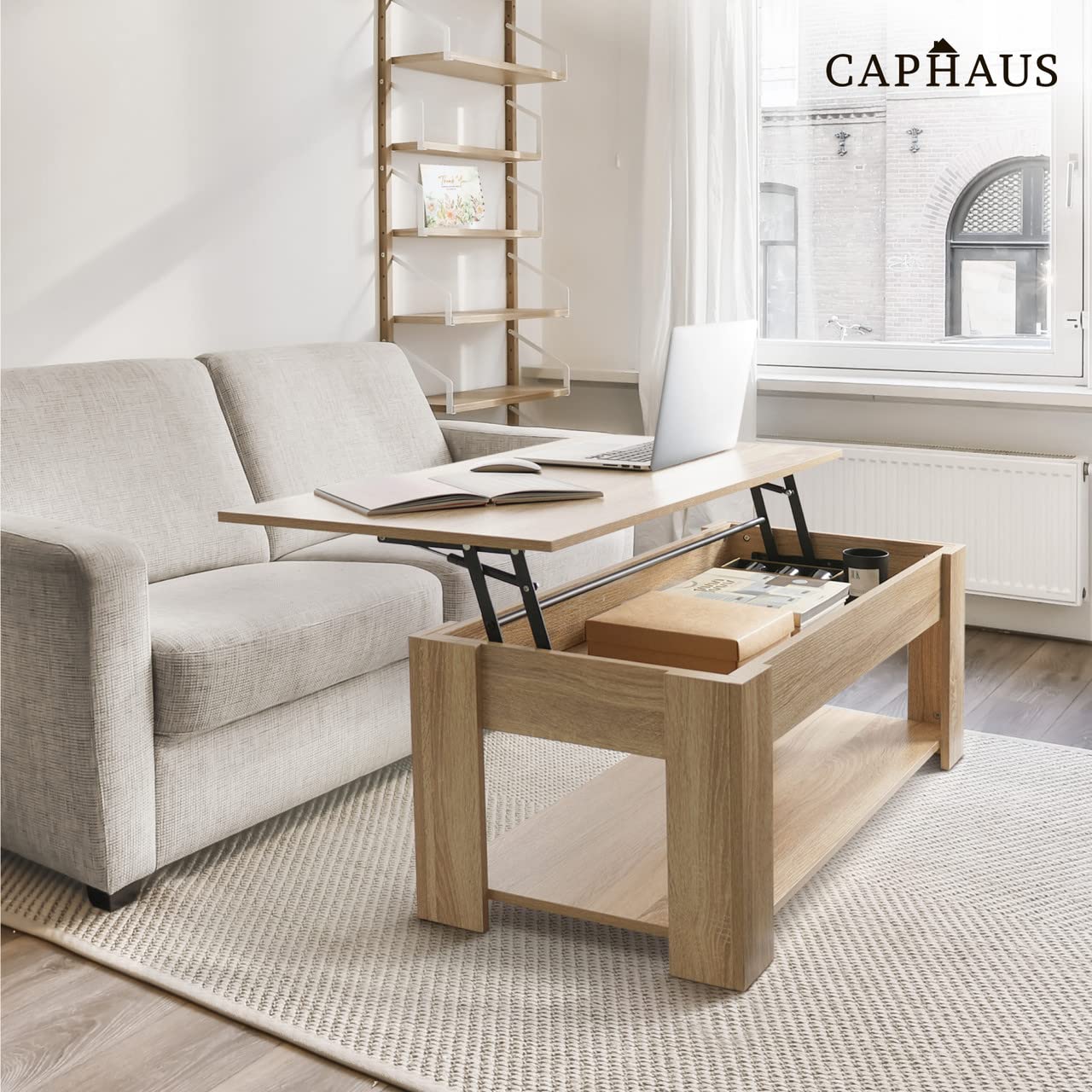 CAPHAUS Lift Top Coffee Table w/Storage, Storage Coffee Table w/Lift Top for Living Room, Rising Tabletop Coffee Table w/Hidden Compartment, Coffee Table w/Bottom Open Shelf, 41" Natural Oak