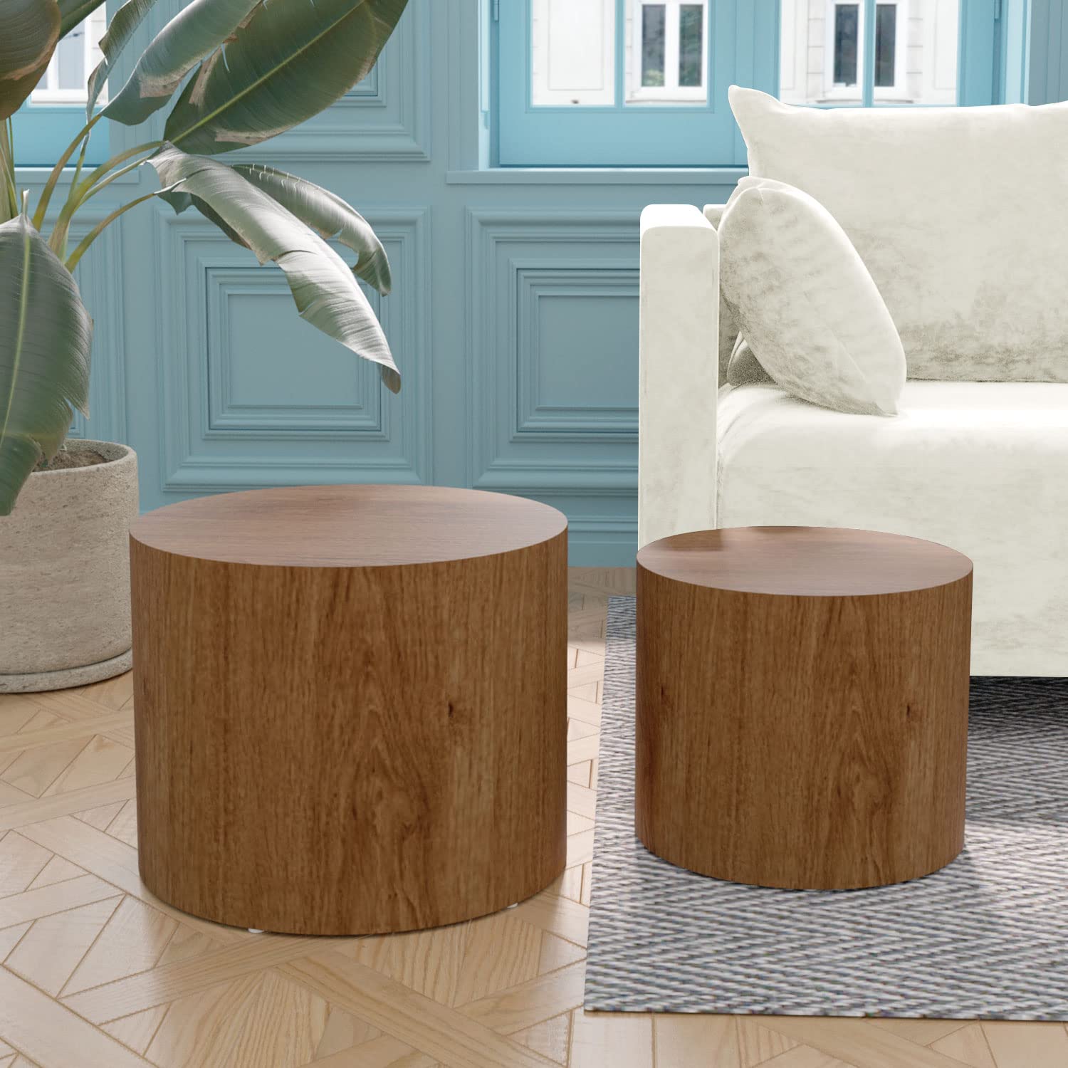 KEVINSPACE Nesting Coffee Table Set of 2, Round Nesting Tables Wooden End Tables for Small Space, Modern Side Tables Set for Living Room, Office, No Need Assembly, Walnut