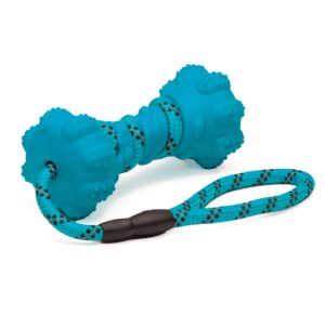 petpurpose interactive dog toys for aggressive chewers, puppies, and active dogs with rubber teeth cleaning textured chew surface and throw or tug rope, heavy duty (blue)