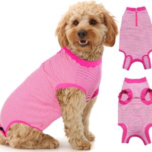 Wabdhally Dog Surgery Recovery Suit,Surgical Suit for Small Female Spay,Soft Combed Cotton,Rose Striped Zipper Onesie S