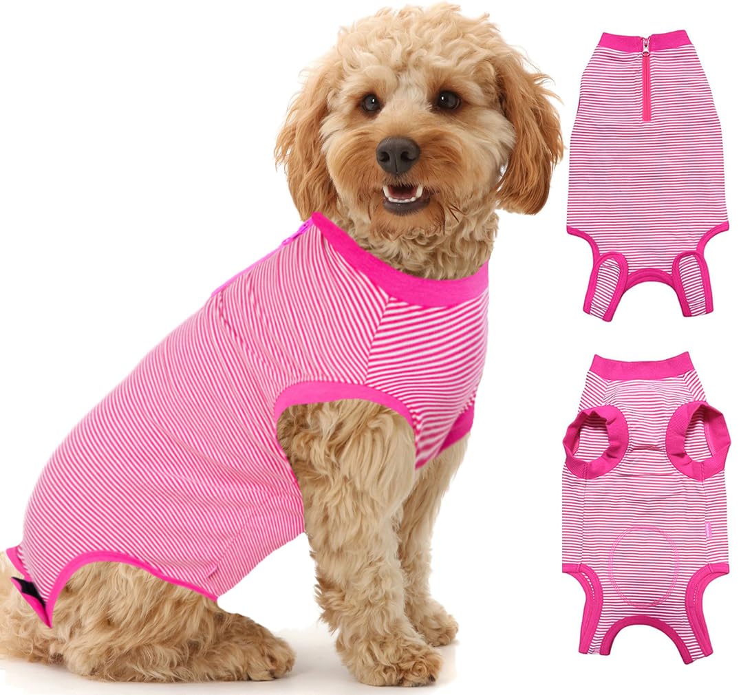 Wabdhally Dog Surgery Recovery Suit,Surgical Suit for Small Female Spay,Soft Combed Cotton,Rose Striped Zipper Onesie S