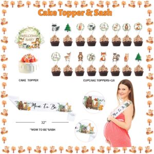 Hombae Woodland Baby Shower Decorations, Baby Shower Decorations for Boy, Forest Animal Gender Neutral Baby Shower Decorations Backdrop Balloon Leaf Banner Box Cutout Cake Cupcake Topper Sash Brown