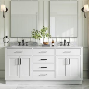 ariel double bathroom vanity 73" white, italian carrara marble countertop & splash, rectangular sinks, 4 soft closing doors, 6 full extension dovetail drawers, toe kick, matte black