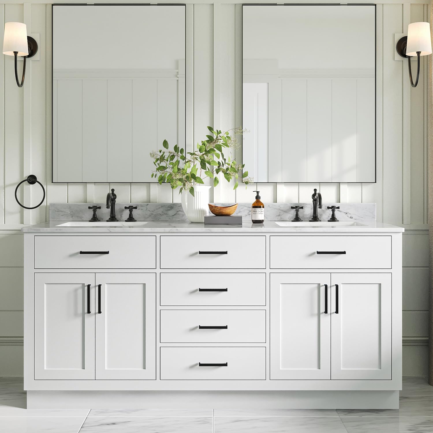 ARIEL Double Bathroom Vanity 73" White, Italian Carrara Marble Countertop & Splash, Rectangular Sinks, 4 Soft Closing Doors, 6 Full Extension Dovetail Drawers, Toe Kick, Matte Black