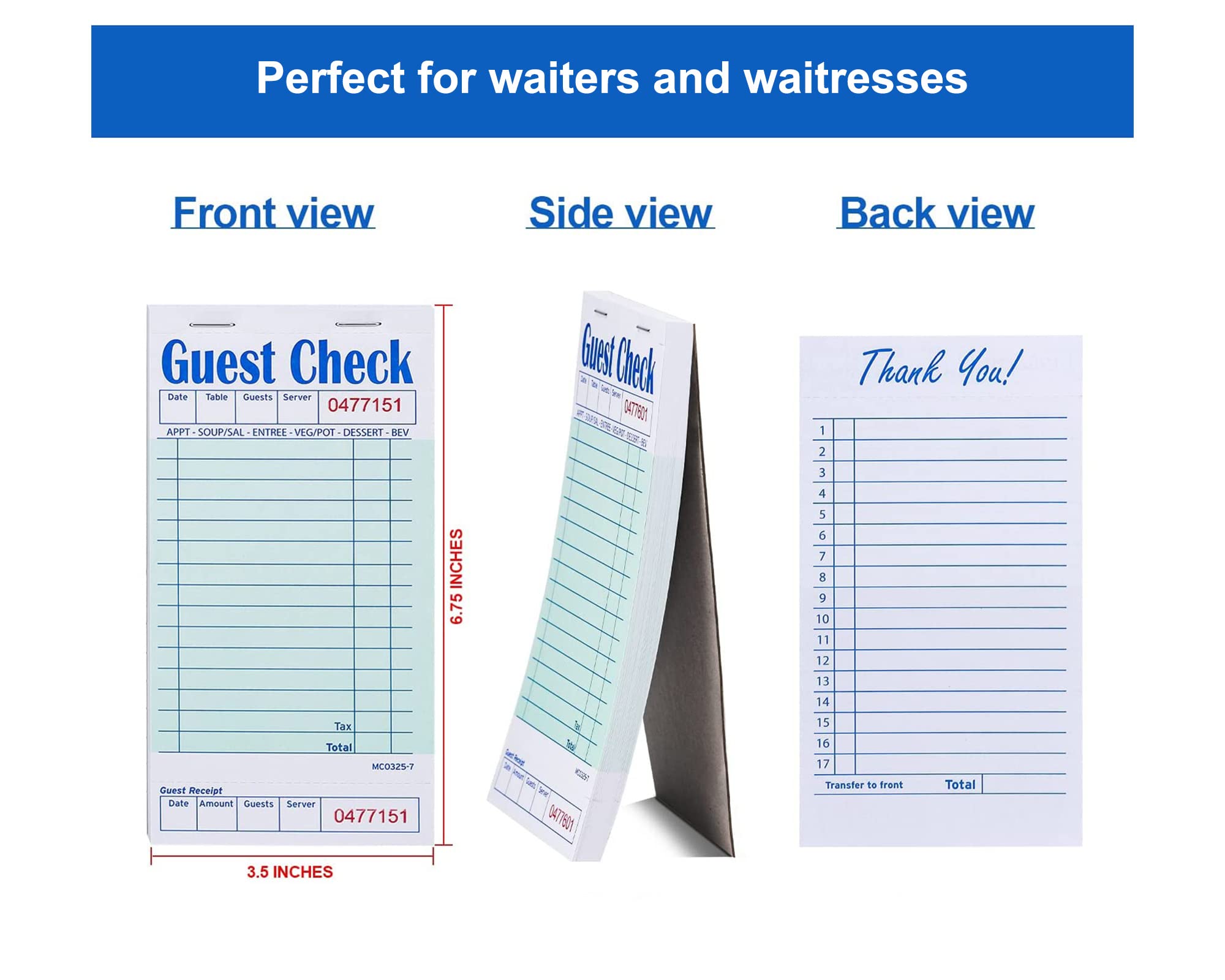 Guest Check Books For Servers 20 Books (1,000 Sheets) - Thick, Bleed Resistant Paper | 1 Part Green Paper Waitress Notepad with Guest Receipt | Server Books For Waitress