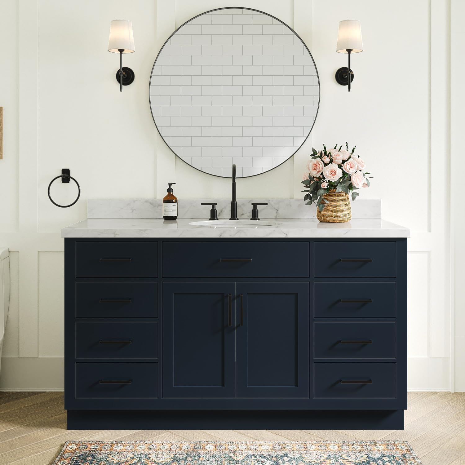 ARIEL Bathroom Vanity 61" Midnight Blue, 1.5" Edge Italian Carrara Marble Countertop & Splash, Oval Sink, 2 Soft Closing Doors, 9 Full Extension Dovetail Drawers, Toe Kick, Matte Black