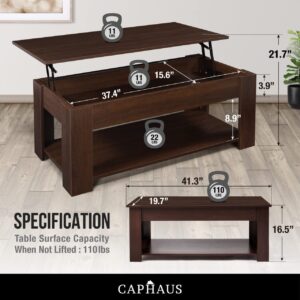 CAPHAUS Lift Top Coffee Table w/Storage, Storage Coffee Table w/Lift Top for Living Room, Rising Tabletop Coffee Table w/Hidden Compartment, Coffee Table w/Bottom Open Shelf, 41" Espresso