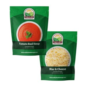 valley food storage taste of home: tomato basil soup + mac and cheese | premium emergency food supply | non-gmo survival food 25 year shelf life | camping food, backpacking meals, prepper supplies