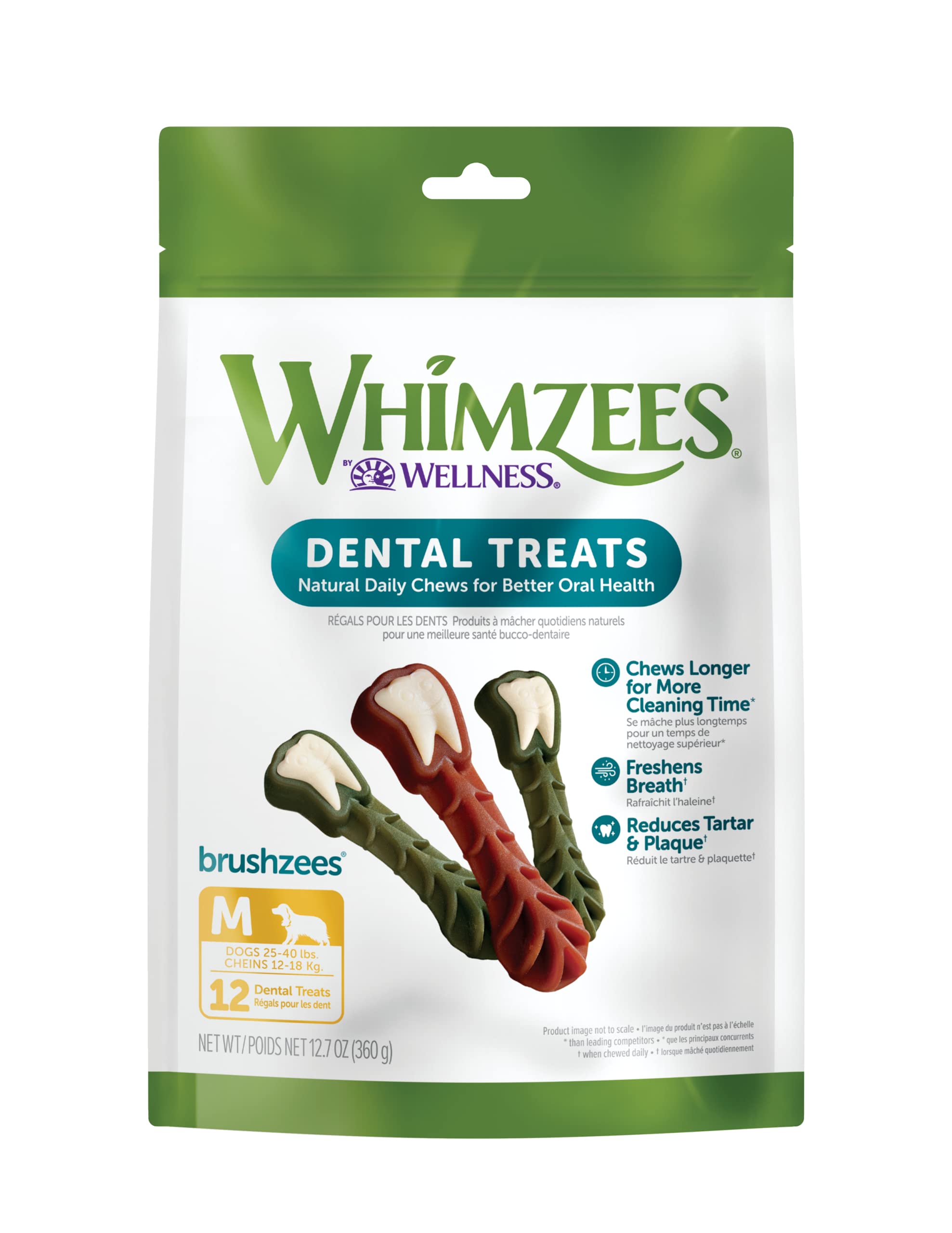 Whimzees by Wellness Brushzees Small + Medium Size Bundle, Natural Dental Chews for Dogs, Grain-Free, 24 Count of Small Size + 12 Count of Medium