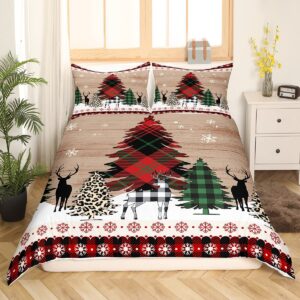 Kids Christmas Duvet Cover Set Queen Size,Deer Pine Snowflake Bedding Set,Girls Boys Adults Room/Xmas Cabin Decor,Brown Wooden Plank Comforter Cover,Rustic Farmhouse Quilt Cover,3pcs,2 pillowcases