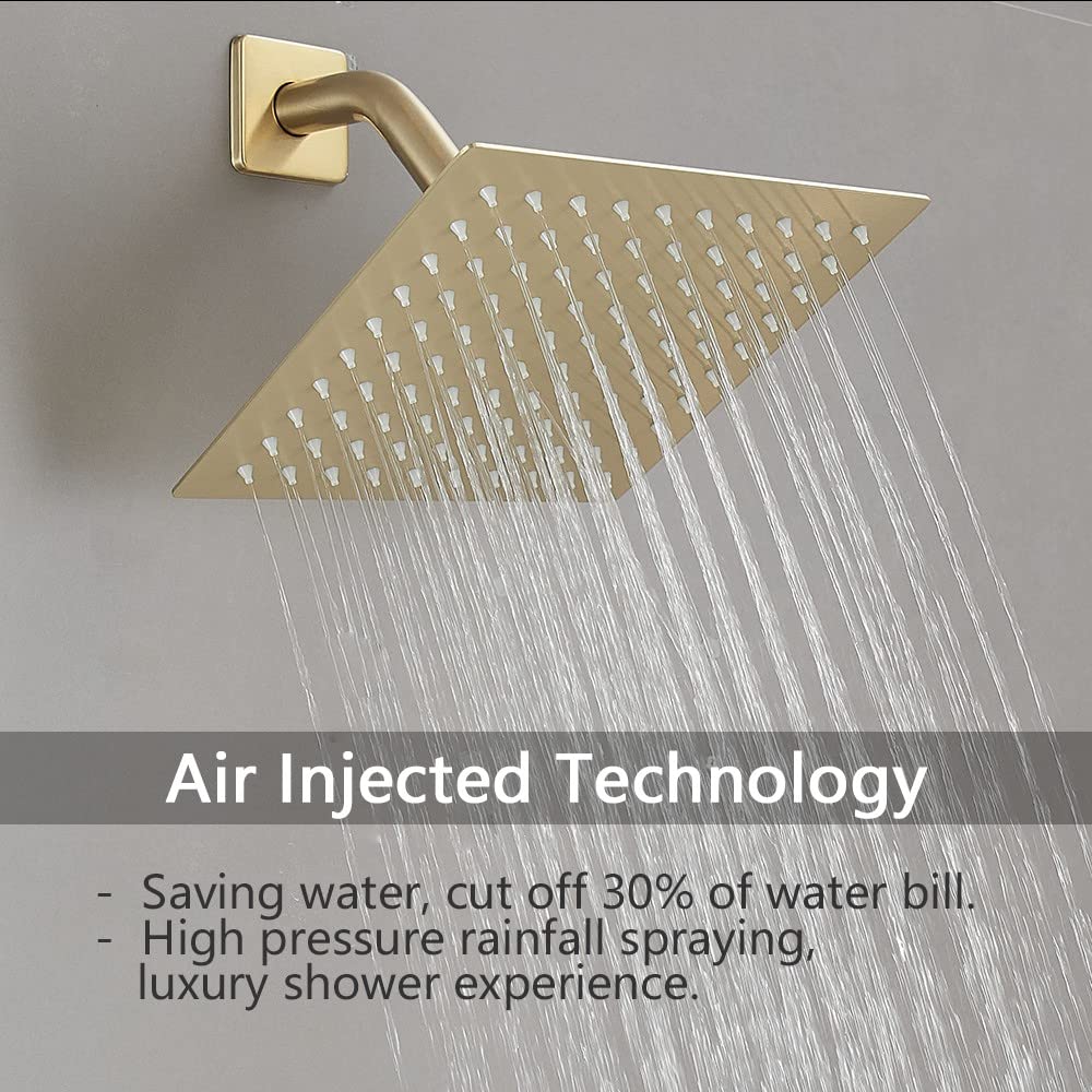 JingGang Brushed Gold Shower Faucet Set Bathroom Rainfall 8 Inch Shower Head System Single Handle Shower Trim Kit with Rough-in Valve