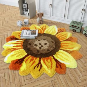 Sunflower Area Rug Golden Ultra Soft and fluffy Sunflower Shaped Rug,Handmade Tufted Round Rug Washable Non-Slip, for Bedroom,Living Room,Kitchen,Bathroom (40x40inches)